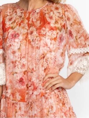 Johnny Was Coral Floral Lace-Trim Mini Dress